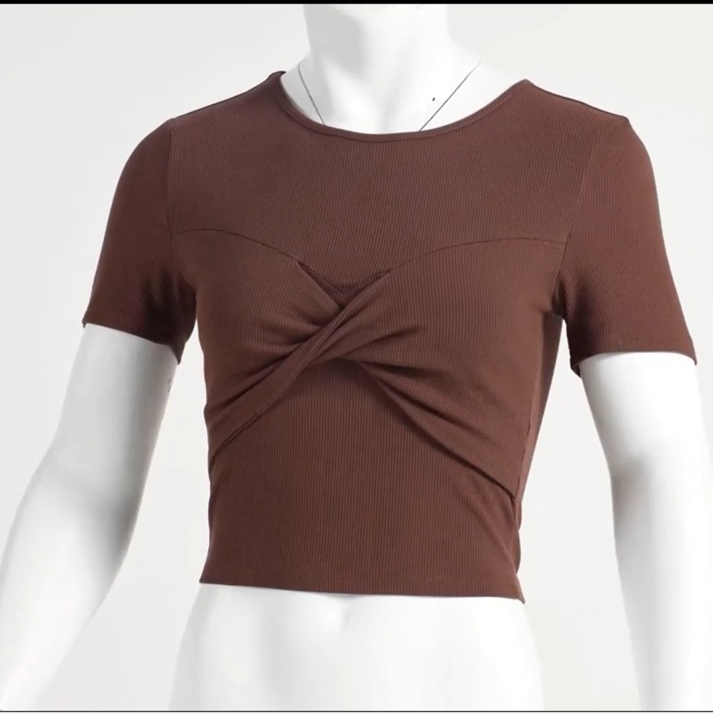 Ivicoer Brown Ribbed Twist Detail Baby Tee Cropped NWT
